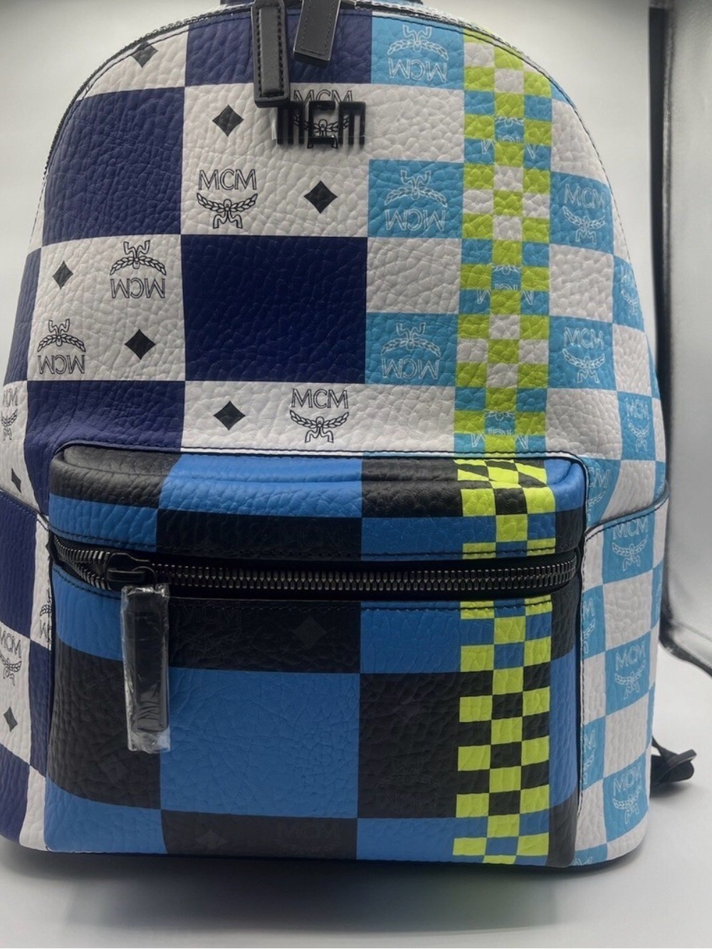 MCM Men’s Checkerboard Leather Backpack in Blue, Black & Neon Green